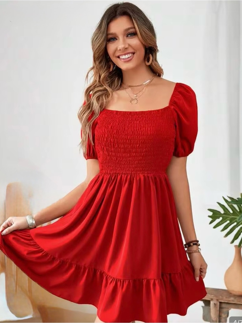 Boho Cottagecore Red Smocked Puff Sleeve Mini Red Dress 0XL